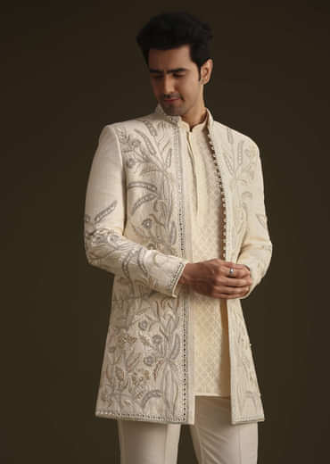 Ivory Silk Indo Western Set With Zardosi Work