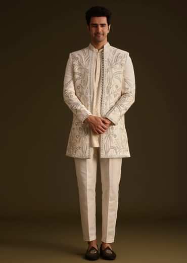 Ivory Silk Indo Western Set With Zardosi Work