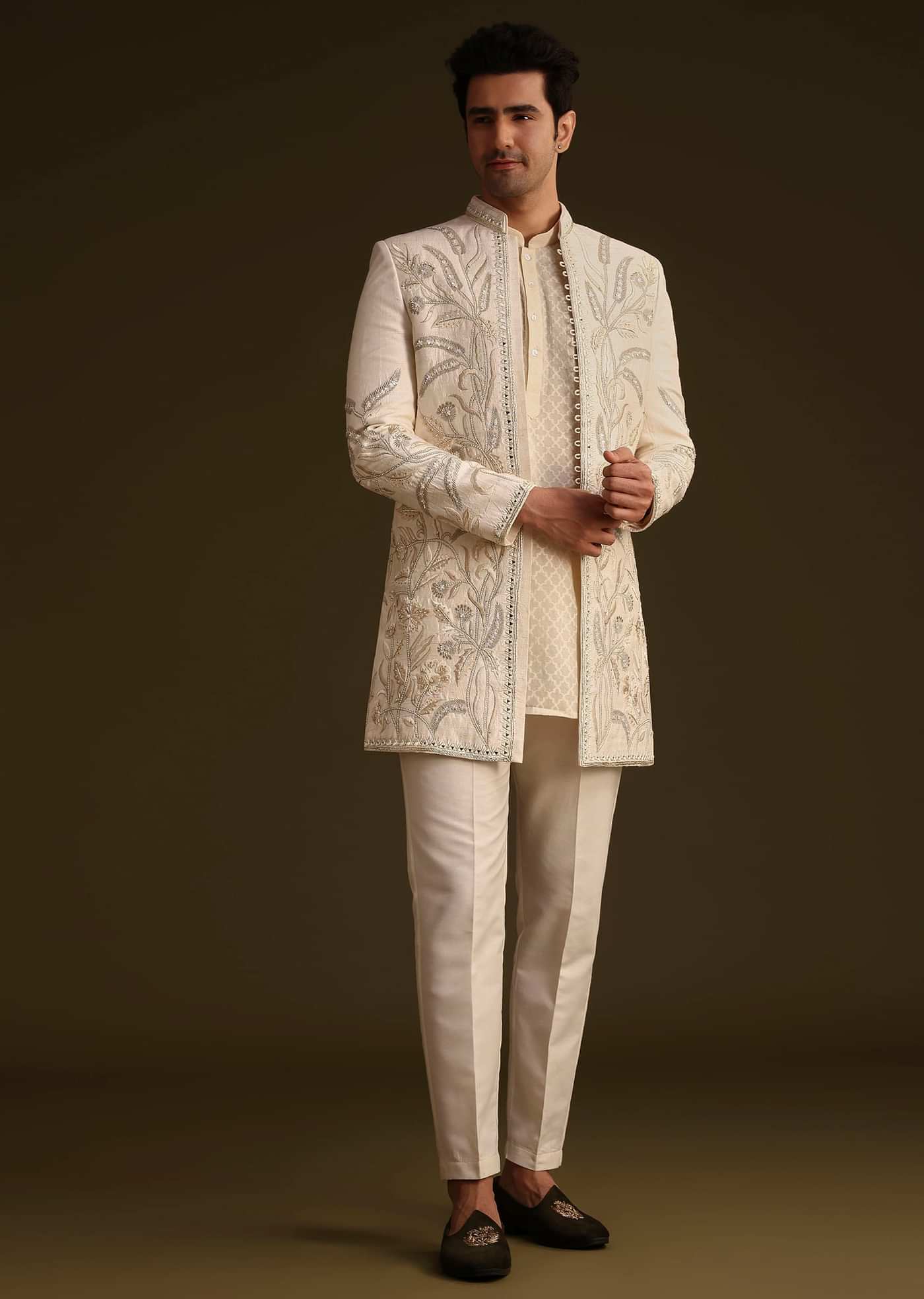 Ivory Silk Indo Western Set With Zardosi Work