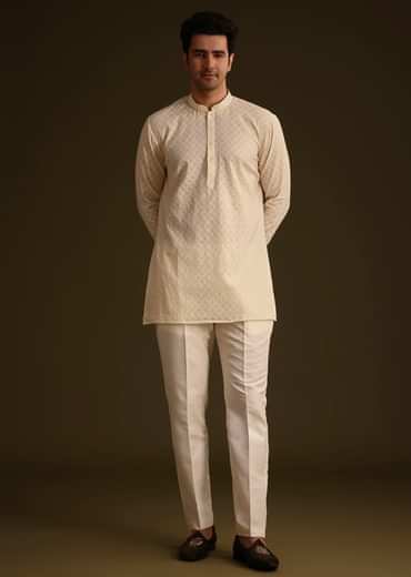 Ivory Silk Indo Western Set With Zardosi Work