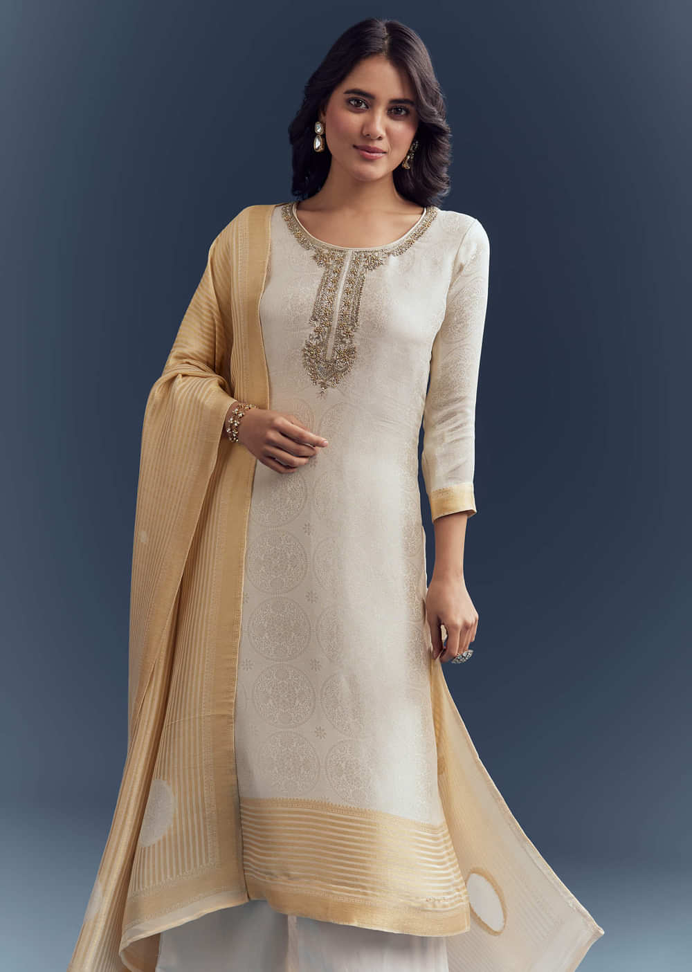 Ivory Silk Kurta Set With Jacquard Weave And Zardosi Work