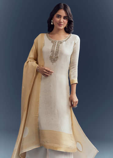 Ivory Silk Kurta Set With Jacquard Weave And Zardosi Work