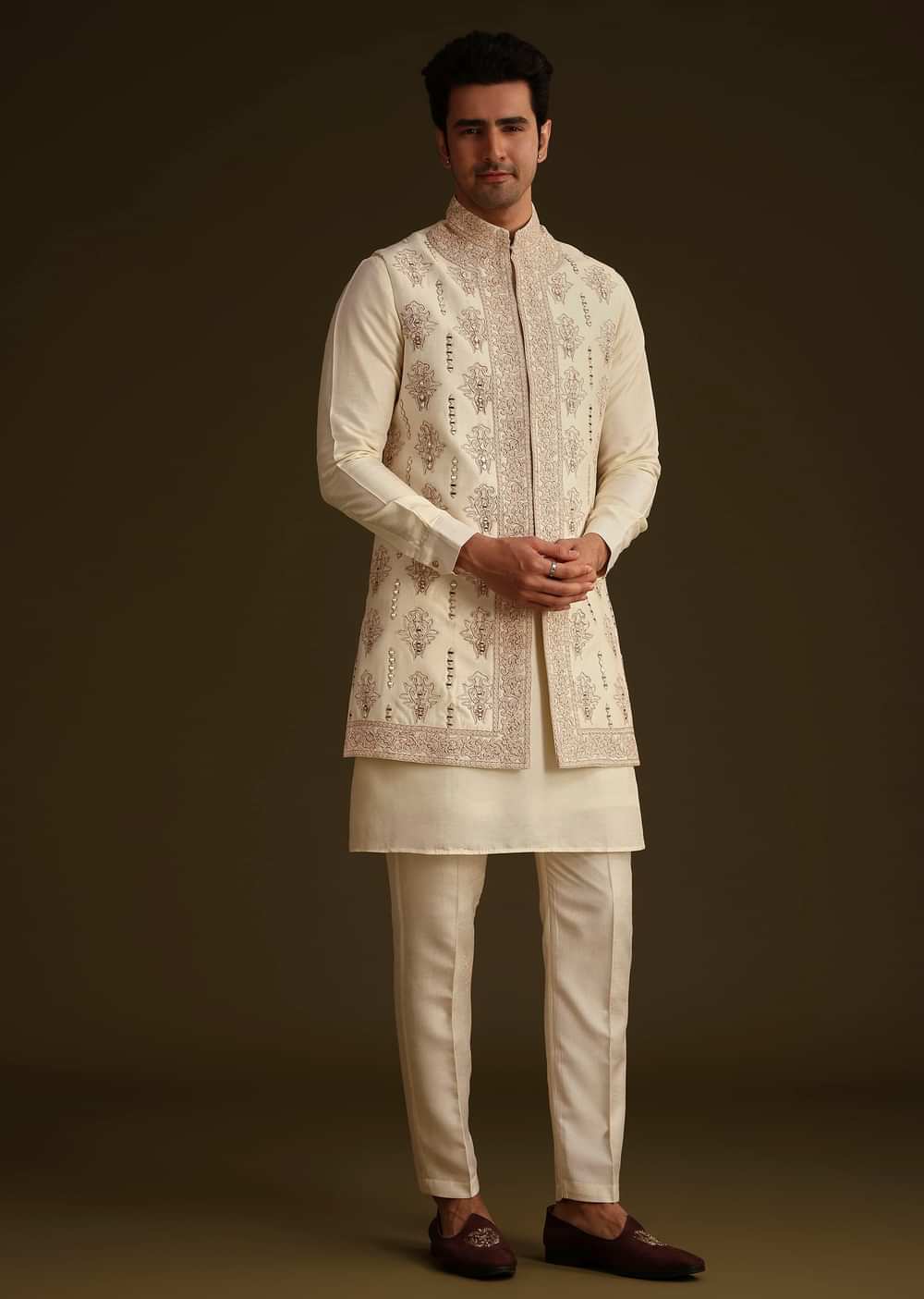 Ivory Silk Long Jacket Set With Resham And Mirror Work