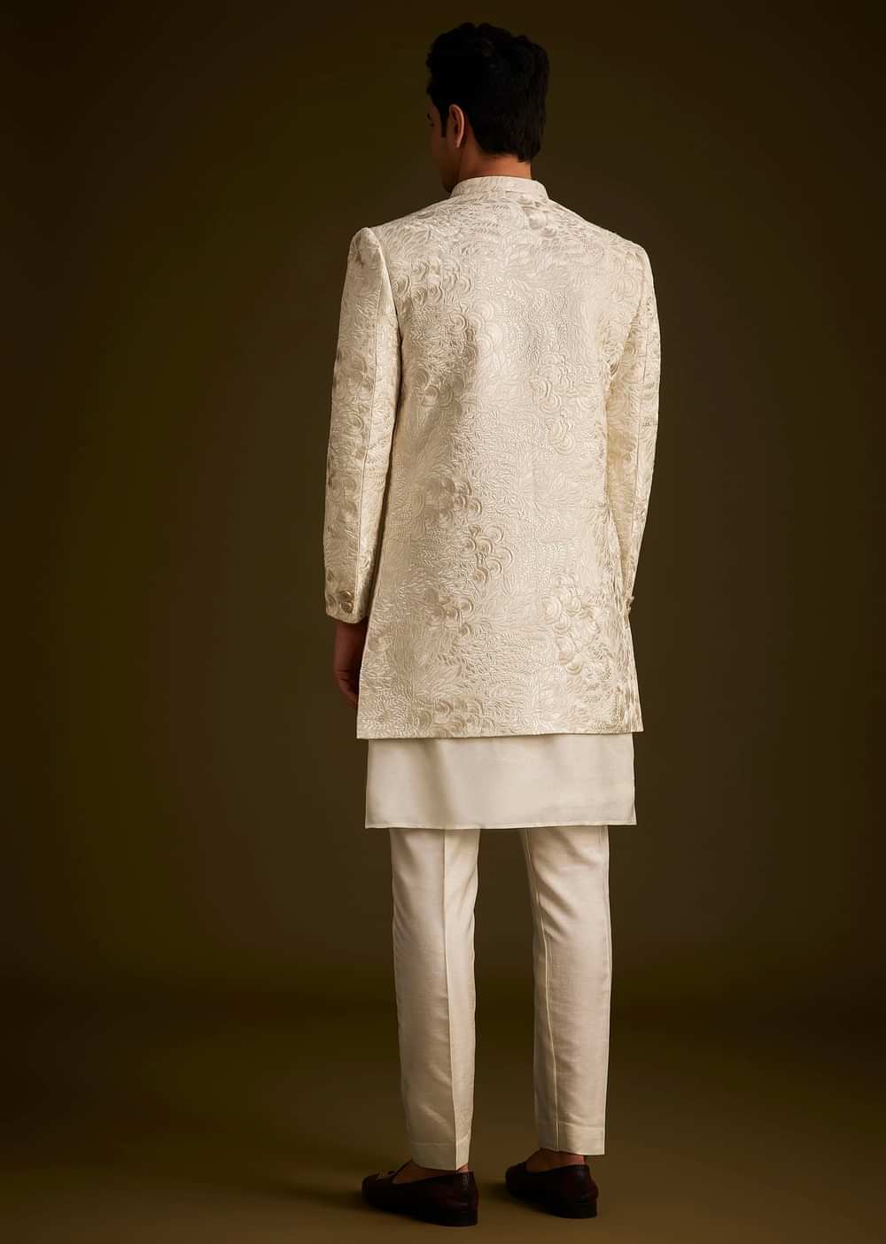 Ivory Silk Sherwani With Intricate Floral Embroidery