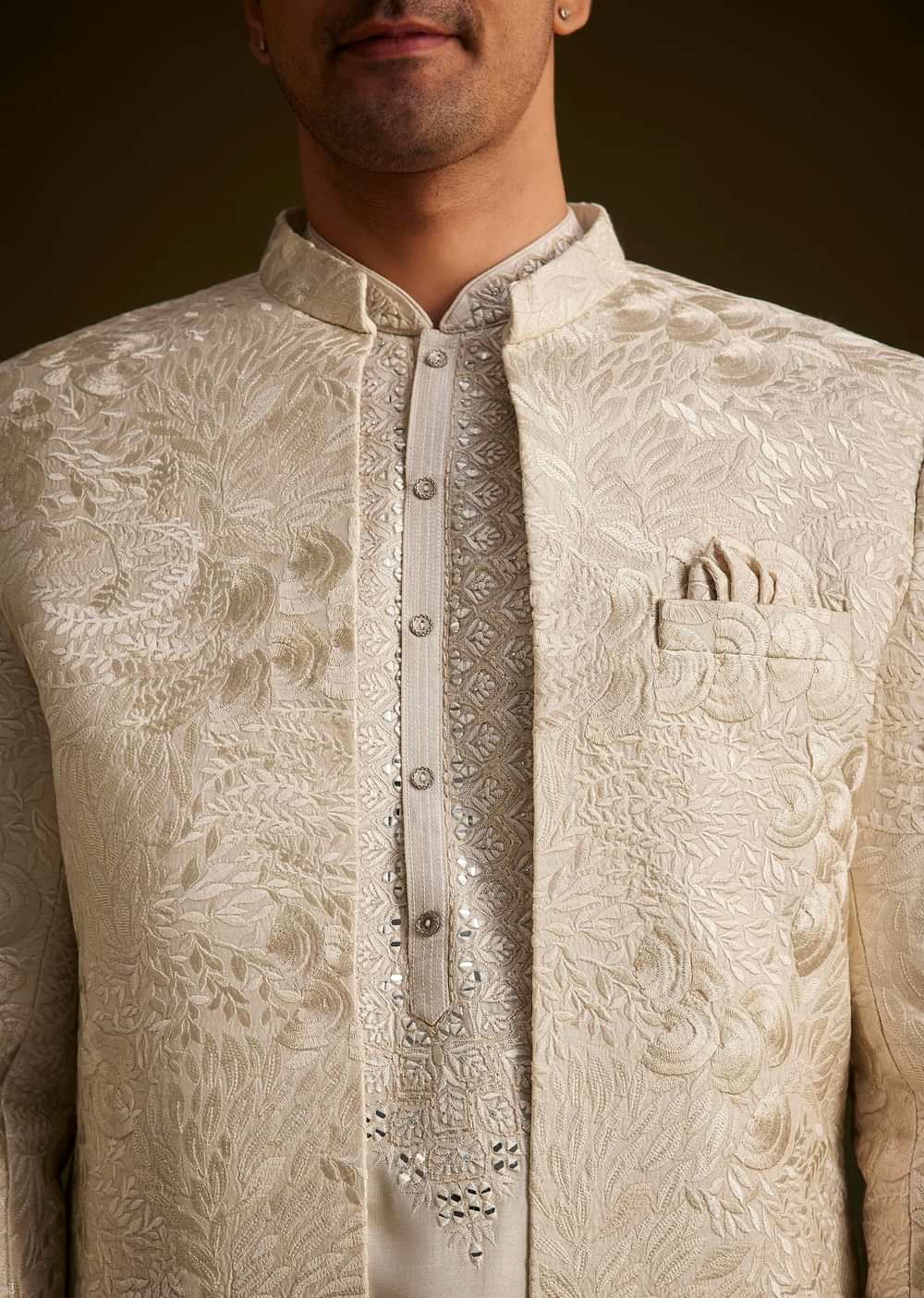 Ivory Silk Sherwani With Intricate Floral Embroidery