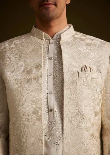 Ivory Silk Sherwani With Intricate Floral Embroidery