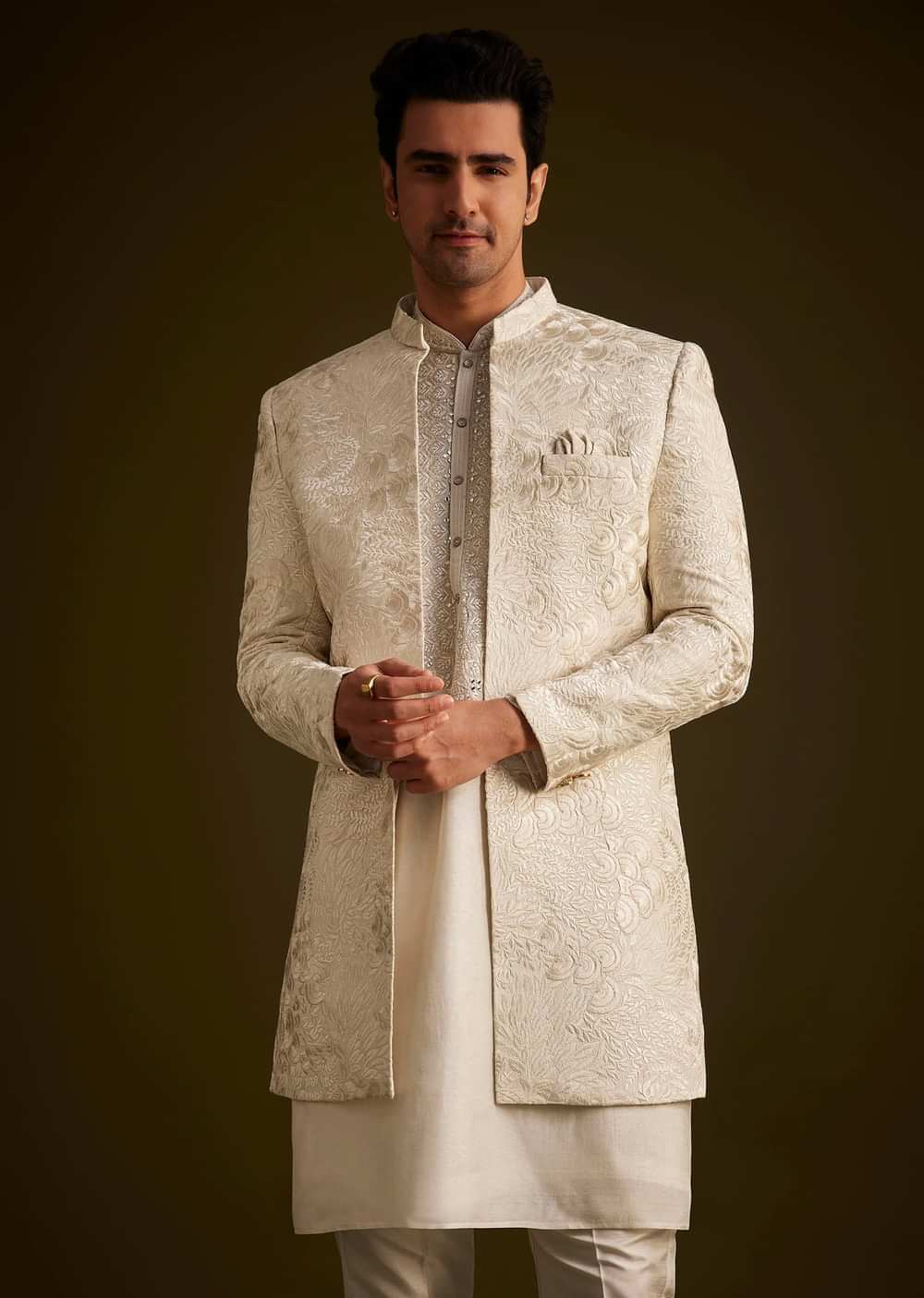 Ivory Silk Sherwani With Intricate Floral Embroidery