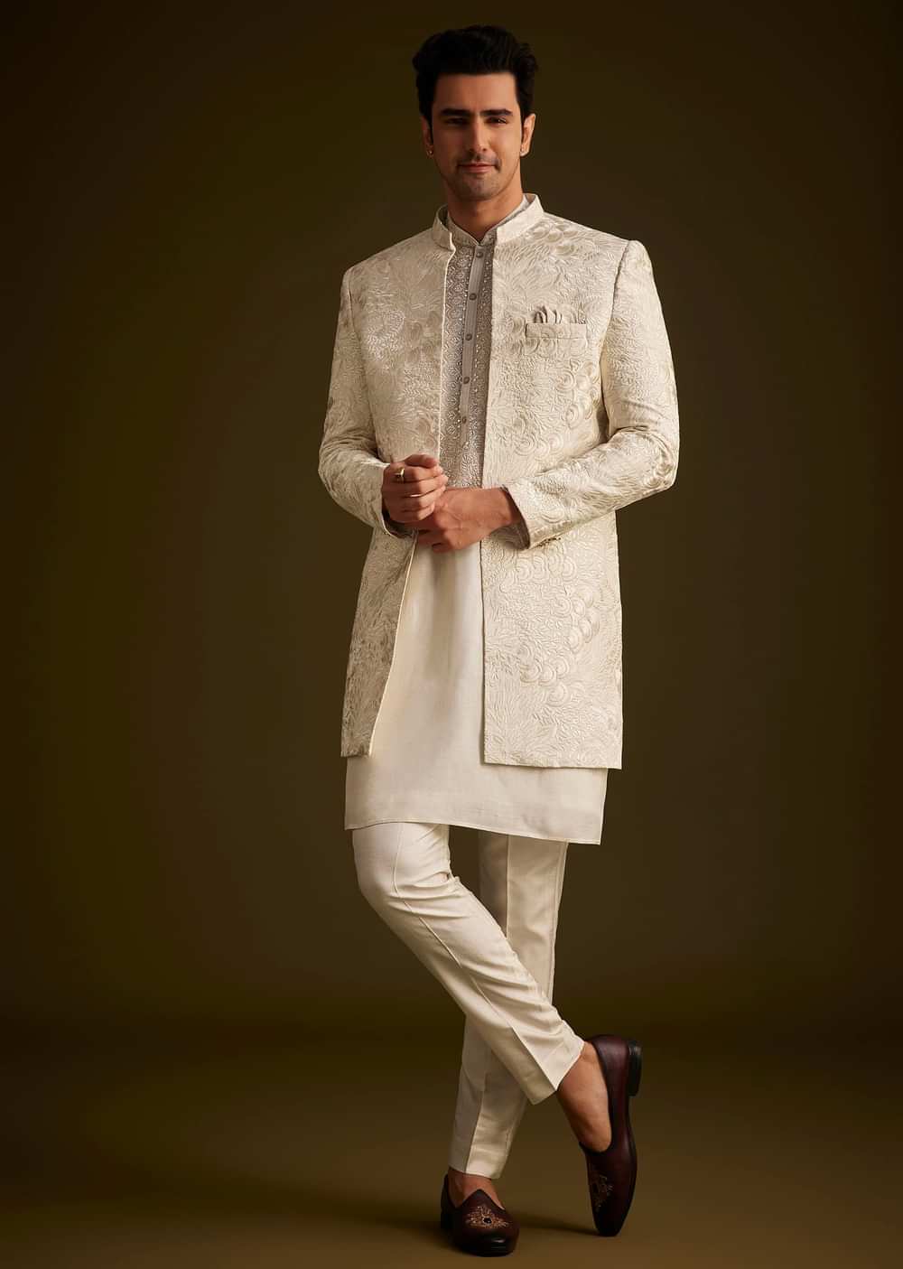 Ivory Silk Sherwani With Intricate Floral Embroidery