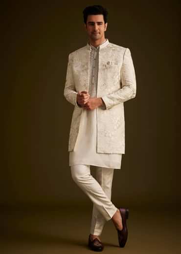 Ivory Silk Sherwani With Intricate Floral Embroidery