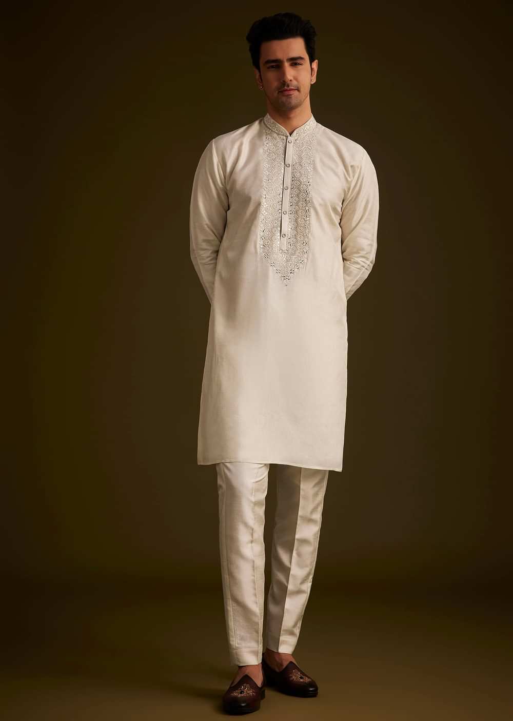 Ivory Silk Sherwani With Intricate Floral Embroidery