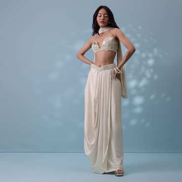 Ivory White Embroidered Drape Skirt And Bustier Top In Milano Satin