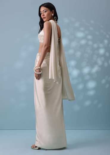 Ivory White Embroidered Drape Skirt And Bustier Top In Milano Satin