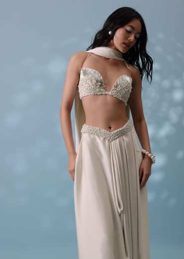 Ivory White Embroidered Drape Skirt And Bustier Top In Milano Satin