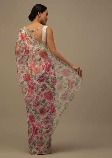 Ivory White Embroidered Organza Saree With Floral Print And Scallop Borders