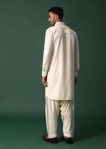 Ivory White Pathani Kurta Set WIth Pintuck Detailing