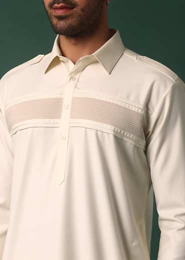Ivory White Pathani Kurta Set WIth Pintuck Detailing