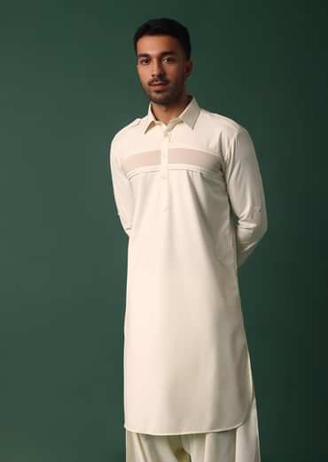 Ivory White Pathani Kurta Set WIth Pintuck Detailing