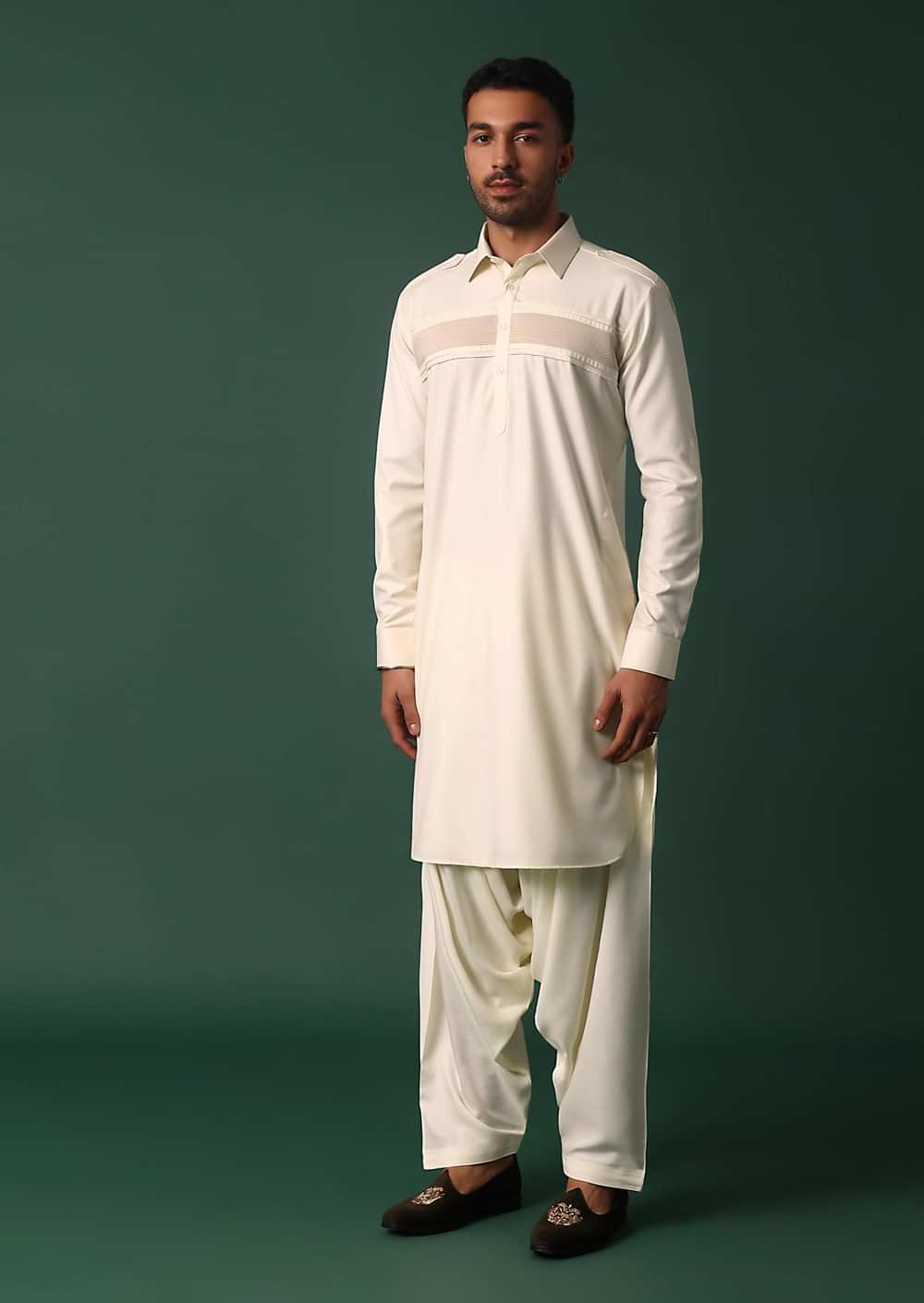 Ivory White Pathani Kurta Set WIth Pintuck Detailing
