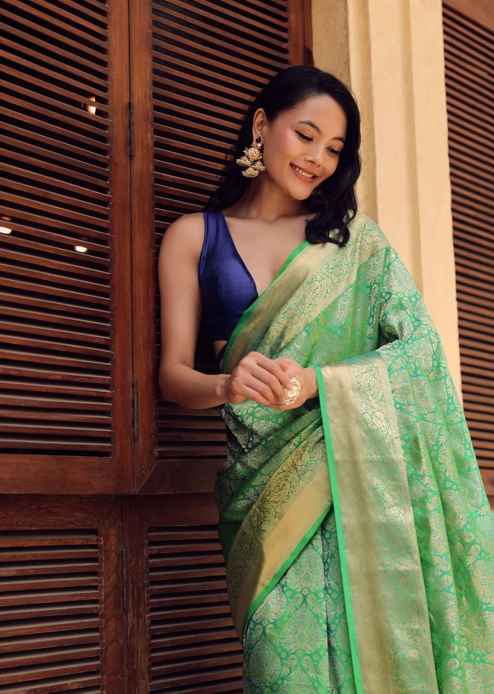 Jade Green Kanjivaram Saree In Zari Weave With An Unstitched Blouse