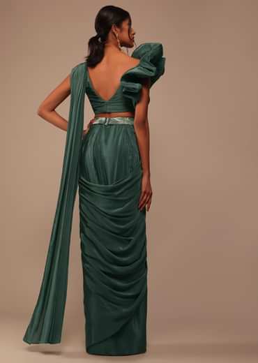 Jade Green Saree With Fancy One Side Flowered Shape Sleeve And Belt
