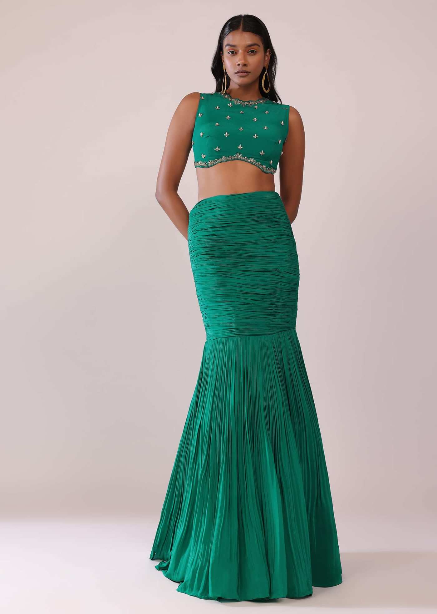 Jade Green Fish-Cut Skirt And Embroidered Blouse Set In Crepe