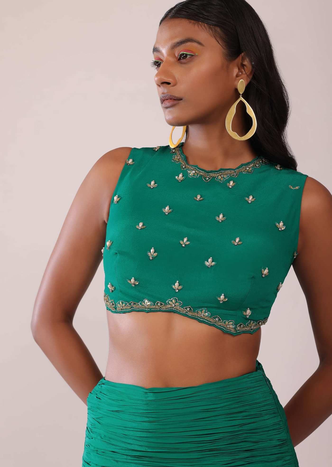 Jade Green Fish-Cut Skirt And Embroidered Blouse Set In Crepe
