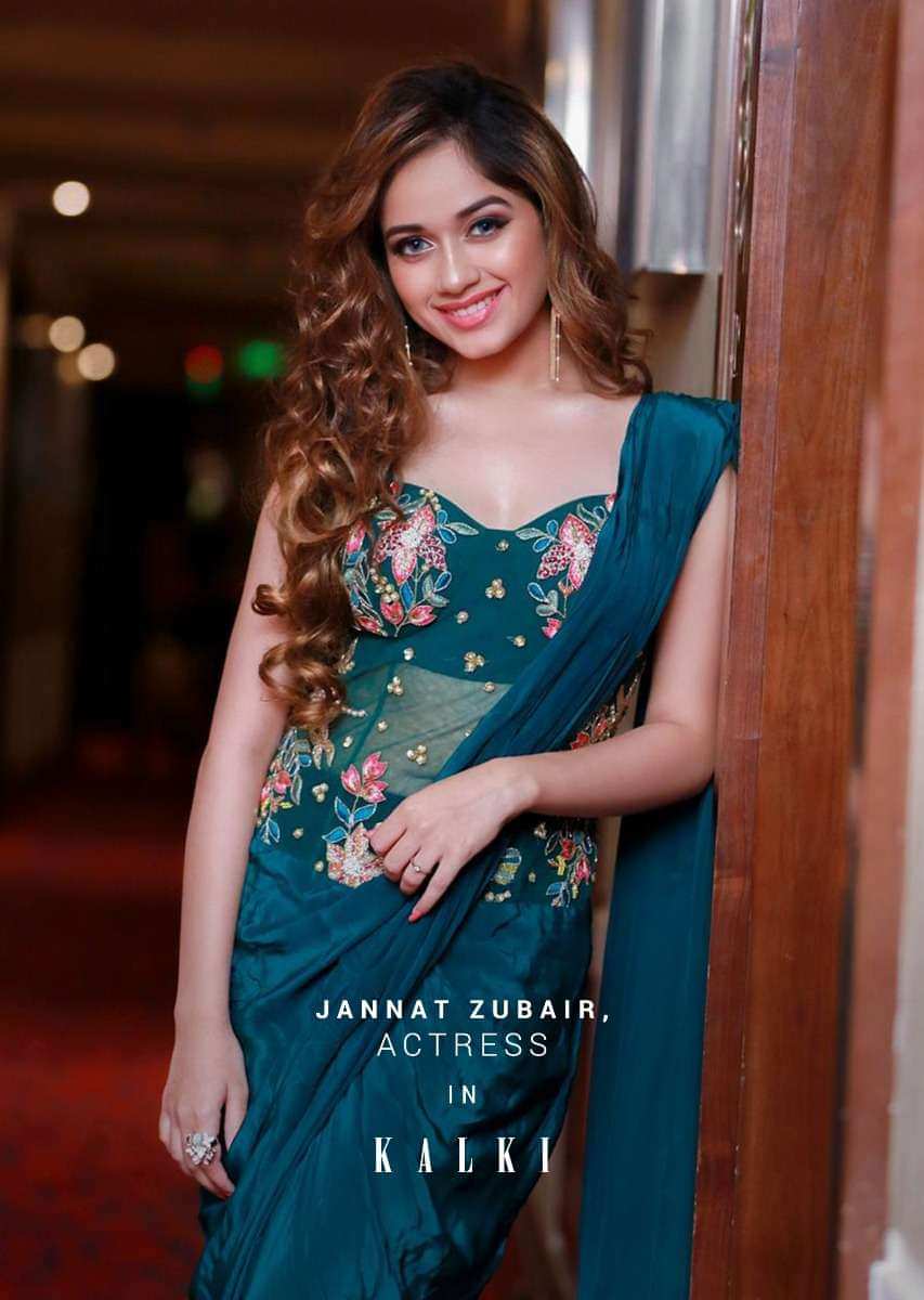 Jannat Zubair In Kalki Teal Green Ready Pleated Saree With Long Hand Embroidered Net Blouse