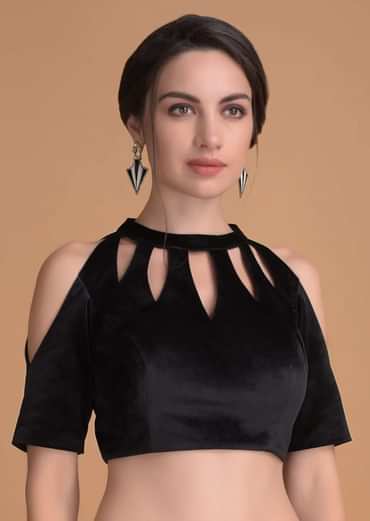 Jet Black Blouse In Velvet With Cut Out On The Neckline