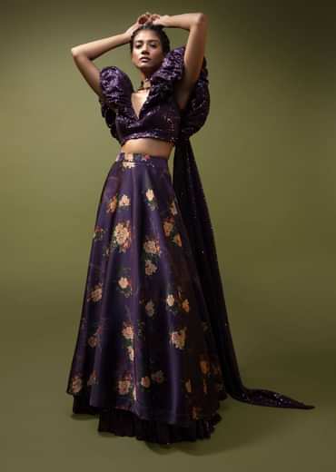 Jewel Purple Lehenga In Floral Printed Satin With A Sequins Crop Top Designed With An Elaborate Puff On The Shoulder And Neckline