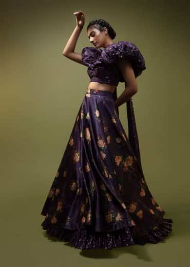 Jewel Purple Lehenga In Floral Printed Satin With A Sequins Crop Top Designed With An Elaborate Puff On The Shoulder And Neckline