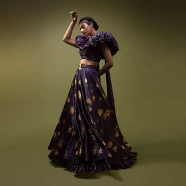 Jewel Purple Lehenga In Floral Printed Satin With A Sequins Crop Top Designed With An Elaborate Puff On The Shoulder And Neckline