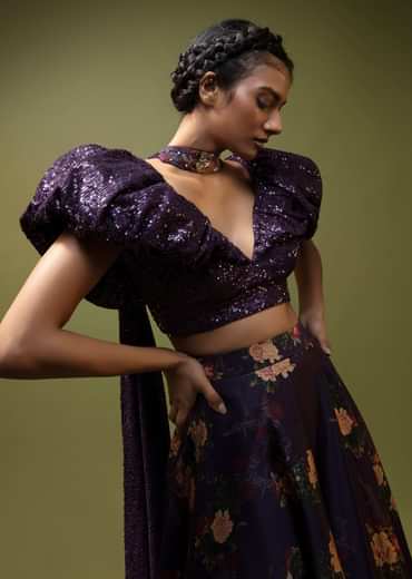 Jewel Purple Lehenga In Floral Printed Satin With A Sequins Crop Top Designed With An Elaborate Puff On The Shoulder And Neckline