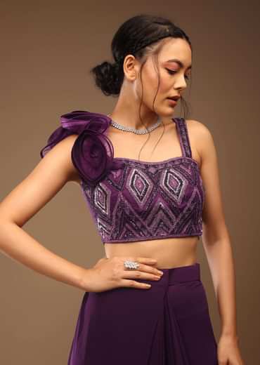 Jewel Purple Ready-Peated Saree With A 3D Flowers Crop Top In Stones And Multi-Colored Embroidery