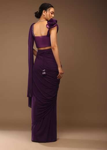 Jewel Purple Ready-Peated Saree With A 3D Flowers Crop Top In Stones And Multi-Colored Embroidery