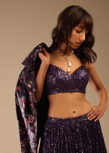 Jewel Purple Lehenga Choli Embellished In Sequins With A Floral Printed Blazer Jacket And Printed Frill On The Lehenga Hemline Online - Kalki Fashion