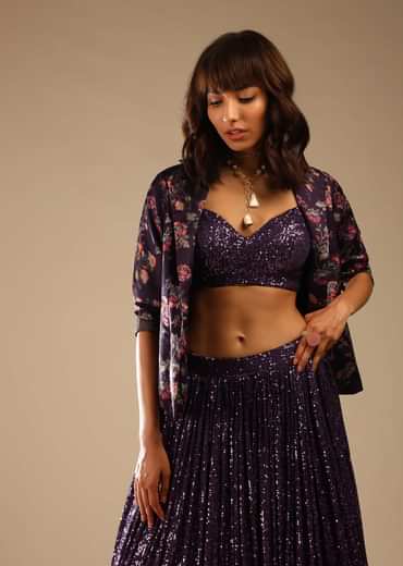Jewel Purple Lehenga Choli Embellished In Sequins With A Floral Printed Blazer Jacket And Printed Frill On The Lehenga Hemline Online - Kalki Fashion