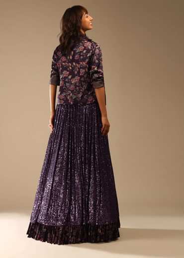 Jewel Purple Lehenga Choli Embellished In Sequins With A Floral Printed Blazer Jacket And Printed Frill On The Lehenga Hemline Online - Kalki Fashion