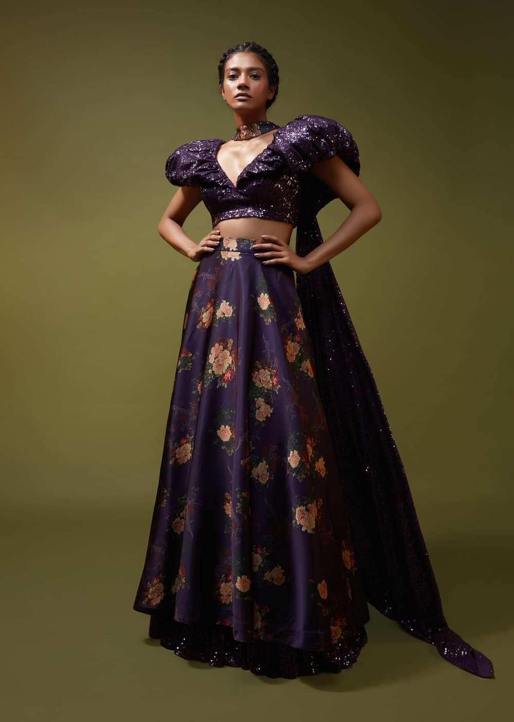 Jewel Purple Lehenga In Floral Printed Satin With A Sequins Crop Top Designed With An Elaborate Puff On The Shoulder And Neckline