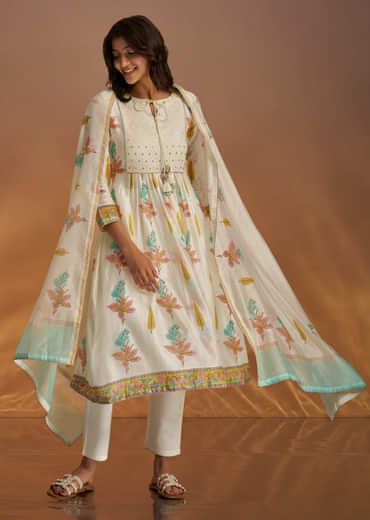 Off White Block Print Anarkali And Dupatta Set With Gotta Lace Detailing