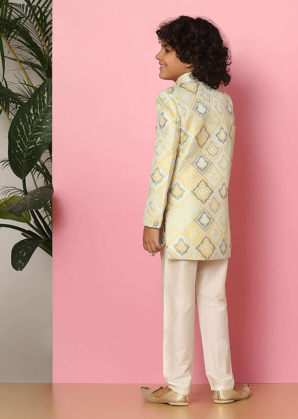 Kalki Afterglow Yellow Sherwani Set In Raw Silk With Threadwork For Boys