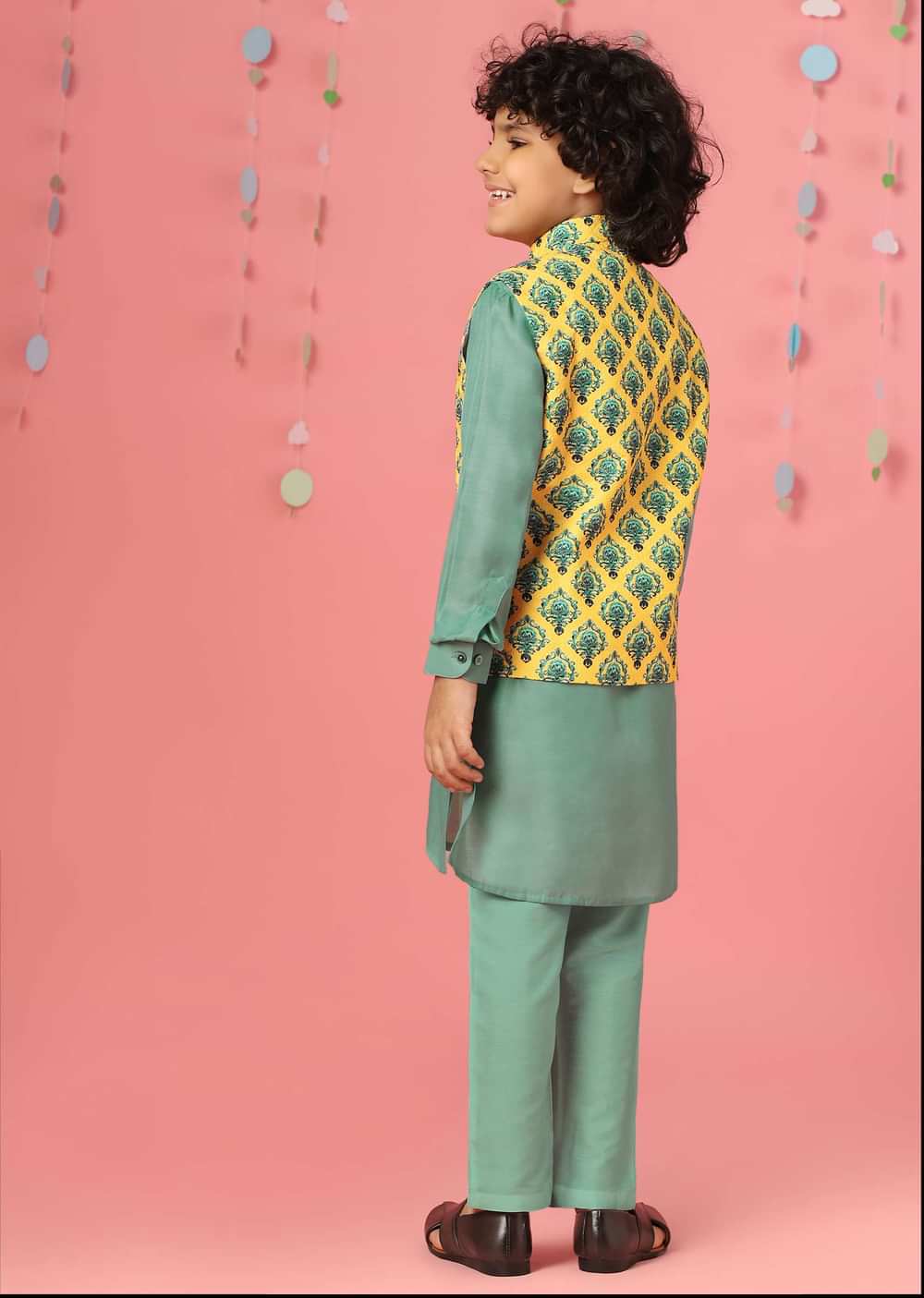 Kalki Agate Green Kurta Set In Silk With Lemon Chrome Yellow Bandi Jacket For Boys