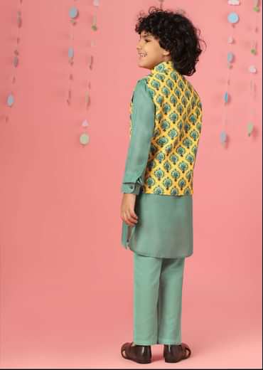 Kalki Agate Green Kurta Set In Silk With Lemon Chrome Yellow Bandi Jacket For Boys