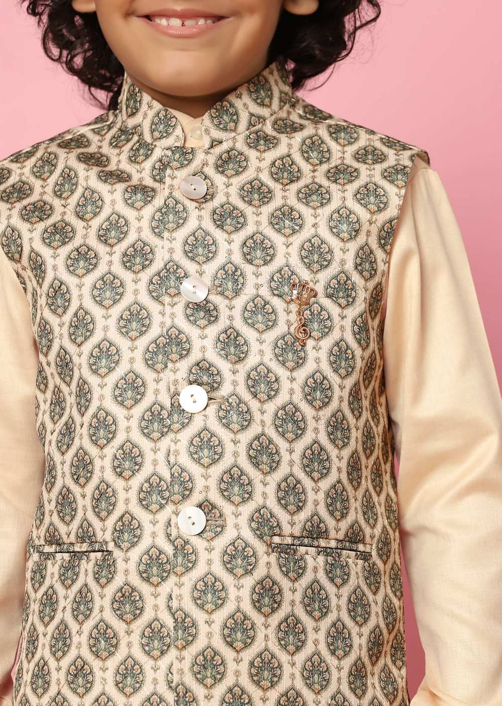 Kalki Beige Bandi Jacket And Kurta Set In Silk With Print For Boys