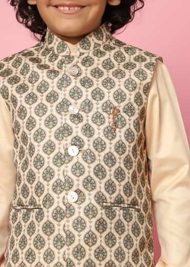 Kalki Beige Bandi Jacket And Kurta Set In Silk With Print For Boys