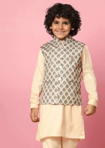 Kalki Beige Bandi Jacket And Kurta Set In Silk With Print For Boys