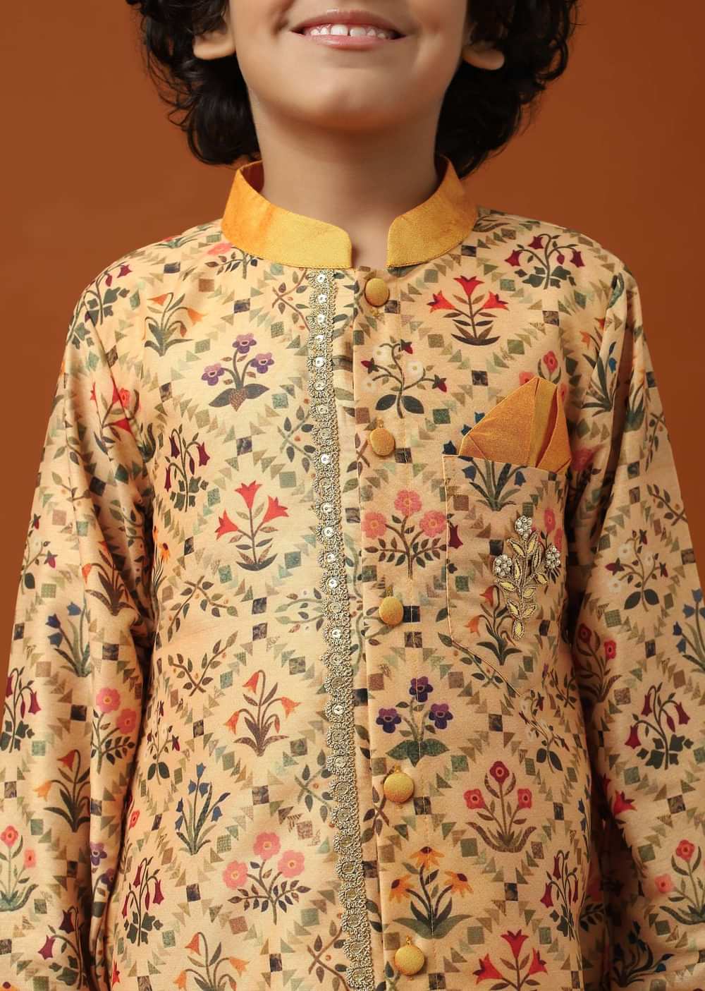 Kalki Beige Orange Printed Kurta Pant Set In Cotton Silk