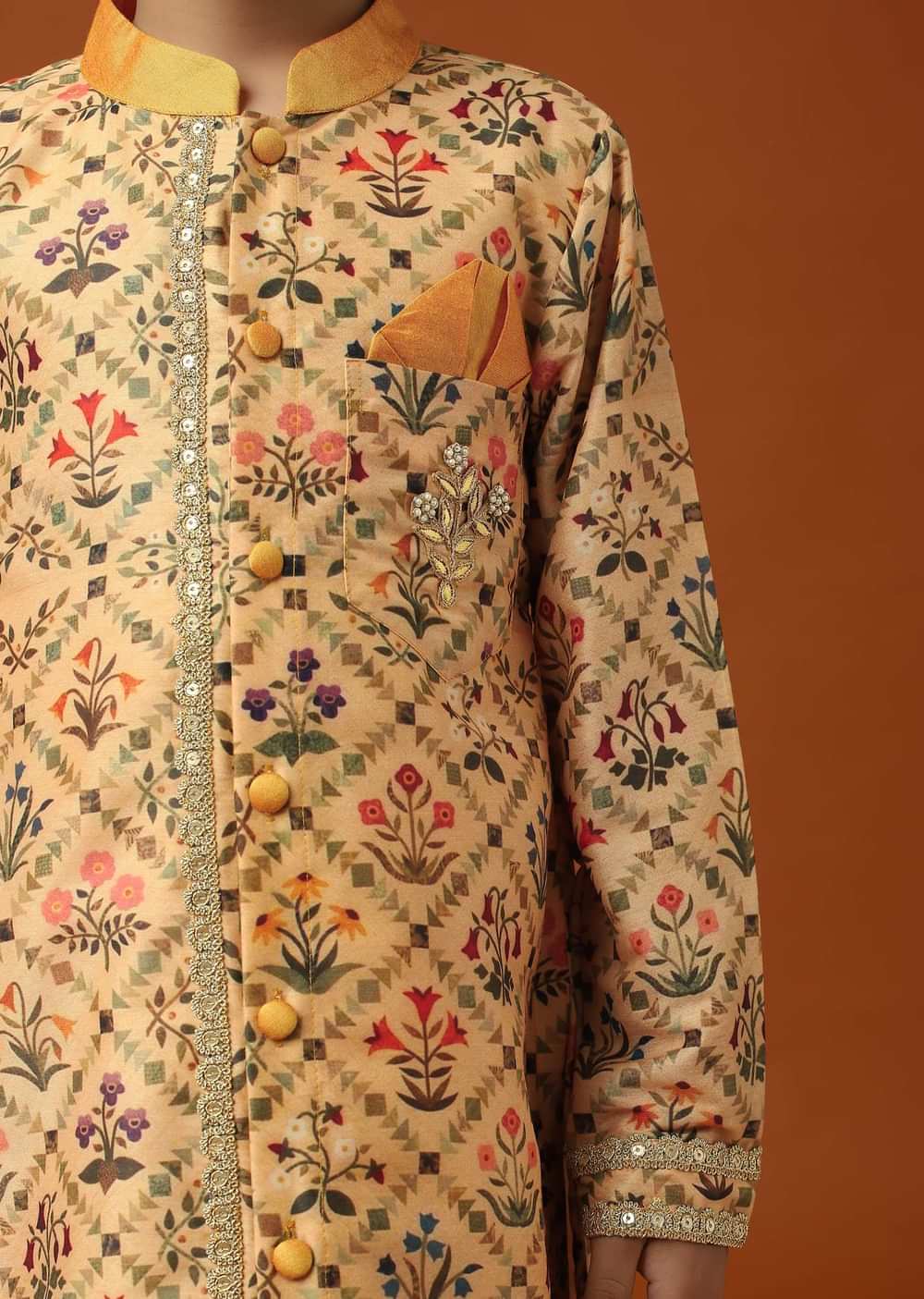 Kalki Beige Orange Printed Kurta Pant Set In Cotton Silk