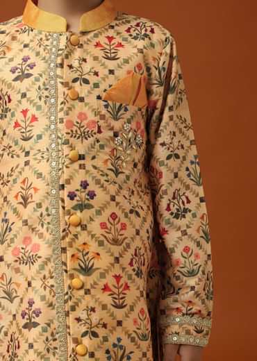 Kalki Beige Orange Printed Kurta Pant Set In Cotton Silk