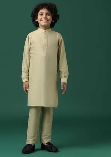 Kalki Beige Textured Bandi Jacket Set In Silk With Floral Print For Boys
