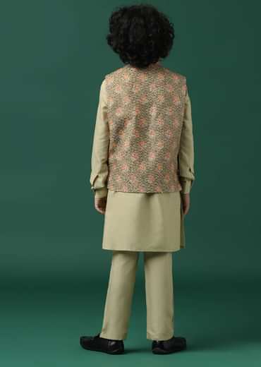 Kalki Beige Textured Bandi Jacket Set In Silk With Floral Print For Boys